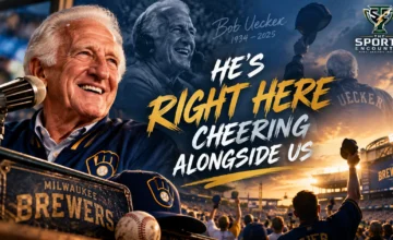 Cinematic tribute to legendary Milwaukee Brewers broadcaster Bob Uecker (1934–2025), featuring his portrait, broadcast microphone, Brewers memorabilia, and the message “He's Right Here Cheering Alongside Us,” with The Sports Encounter logo in the top-right corner.