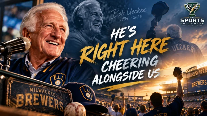 Cinematic tribute to legendary Milwaukee Brewers broadcaster Bob Uecker (1934–2025), featuring his portrait, broadcast microphone, Brewers memorabilia, and the message “He's Right Here Cheering Alongside Us,” with The Sports Encounter logo in the top-right corner.