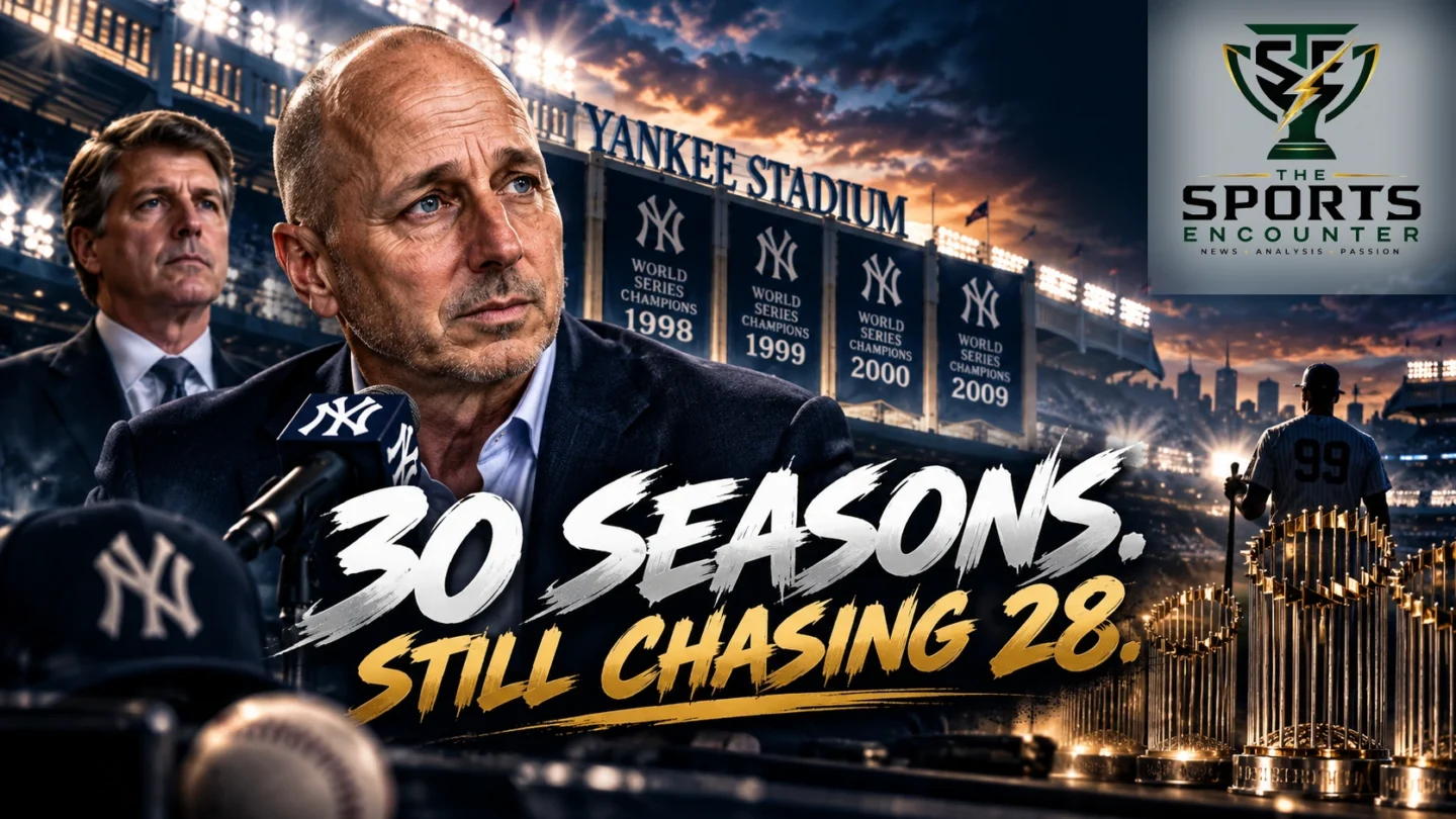 New York Yankees general manager Brian Cashman pictured with Yankees owner Hal Steinbrenner against a cinematic Yankee Stadium background, highlighting his return for a 30th season in 2027.