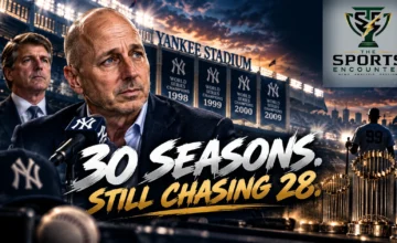 New York Yankees general manager Brian Cashman pictured with Yankees owner Hal Steinbrenner against a cinematic Yankee Stadium background, highlighting his return for a 30th season in 2027.