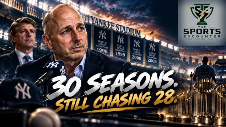 New York Yankees general manager Brian Cashman pictured with Yankees owner Hal Steinbrenner against a cinematic Yankee Stadium background, highlighting his return for a 30th season in 2027.