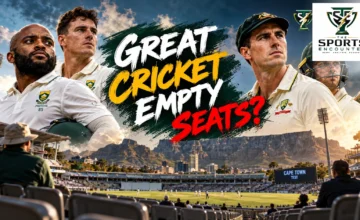 Cinematic illustration depicting South Africa and Australia during the Cape Town Test at Newlands, with partially empty stands beneath Table Mountain, the headline “Great Cricket, Empty Seats?” and The Sports Encounter logo.