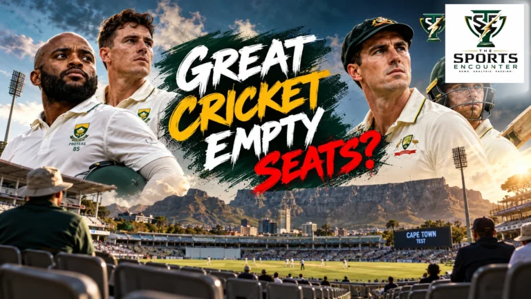 Cinematic illustration depicting South Africa and Australia during the Cape Town Test at Newlands, with partially empty stands beneath Table Mountain, the headline “Great Cricket, Empty Seats?” and The Sports Encounter logo.