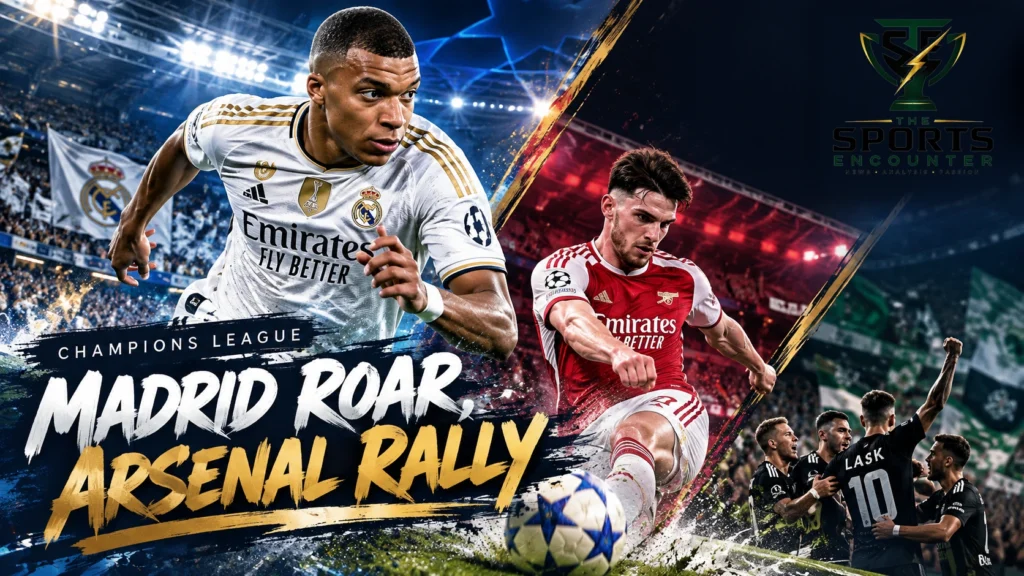 Cinematic UEFA Champions League editorial composition featuring Real Madrid's victory over RB Leipzig, Bayern Munich's draw with Arsenal and LASK's upset of Sporting CP, with The Sports Encounter's official logo and brushstroke headline.