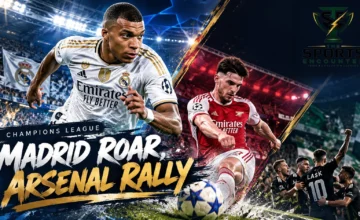 Cinematic UEFA Champions League editorial composition featuring Real Madrid's victory over RB Leipzig, Bayern Munich's draw with Arsenal and LASK's upset of Sporting CP, with The Sports Encounter's official logo and brushstroke headline.