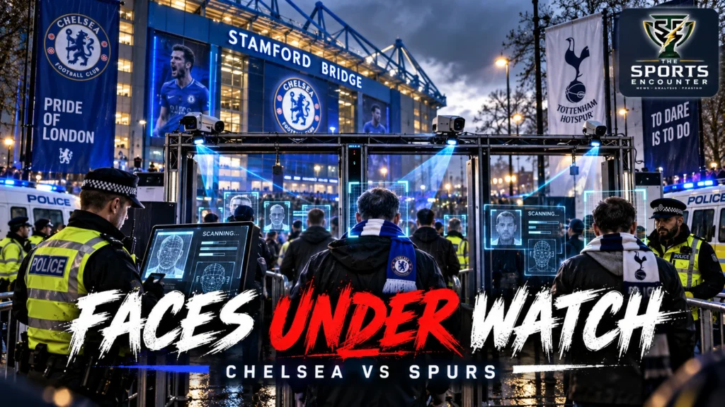 Editorial illustration showing Chelsea and Tottenham supporters approaching Stamford Bridge with Metropolitan Police facial recognition cameras operating nearby ahead of the October 24, 2026 Premier League derby.