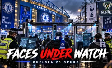 Editorial illustration showing Chelsea and Tottenham supporters approaching Stamford Bridge with Metropolitan Police facial recognition cameras operating nearby ahead of the October 24, 2026 Premier League derby.