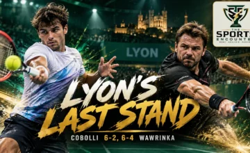Flavio Cobolli hitting a powerful tennis shot against Stan Wawrinka during the 2026 Lyon ATP tournament, where Cobolli won 6-2, 6-4 in Wawrinka's farewell season, with The Sports Encounter's official logo.