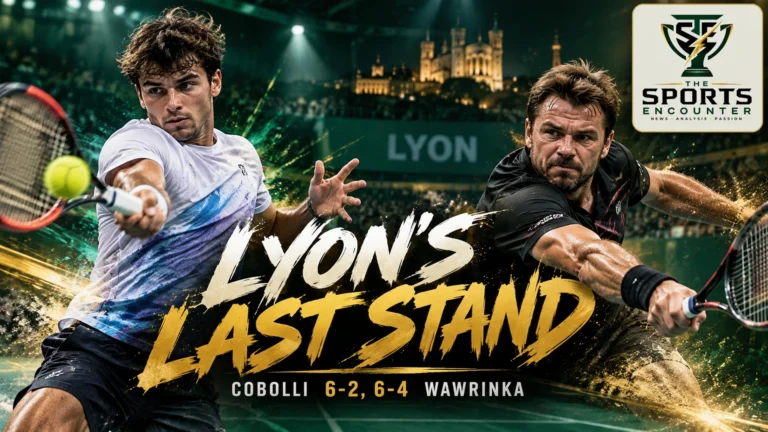 Flavio Cobolli hitting a powerful tennis shot against Stan Wawrinka during the 2026 Lyon ATP tournament, where Cobolli won 6-2, 6-4 in Wawrinka's farewell season, with The Sports Encounter's official logo.