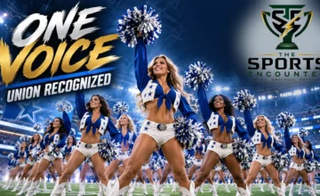 Dallas Cowboys cheerleaders performing in their blue-and-white uniforms at AT&T Stadium, illustrating the squad's successful union recognition announcement in October 2026.