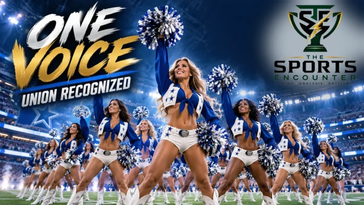 Dallas Cowboys cheerleaders performing in their blue-and-white uniforms at AT&T Stadium, illustrating the squad's successful union recognition announcement in October 2026.