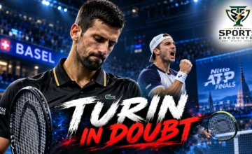 Cinematic tennis illustration of Novak Djokovic reacting during his Basel defeat to Jan-Lennard Struff, with an ATP Finals Turin qualification theme and The Sports Encounter's official logo.