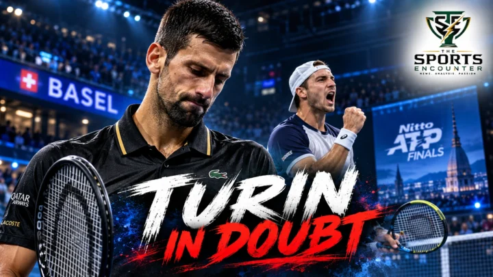 Cinematic tennis illustration of Novak Djokovic reacting during his Basel defeat to Jan-Lennard Struff, with an ATP Finals Turin qualification theme and The Sports Encounter's official logo.