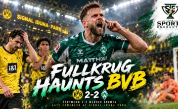 Niclas Füllkrug celebrating Werder Bremen's stoppage-time equalizer against former club Borussia Dortmund, with Dortmund players reacting to the 2-2 Bundesliga draw on October 9, 2026.