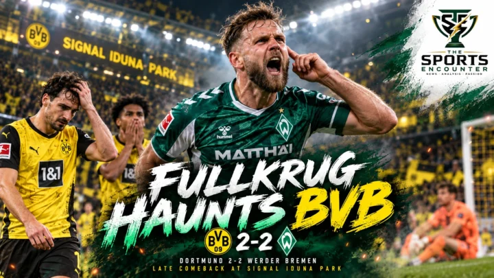 Niclas Füllkrug celebrating Werder Bremen's stoppage-time equalizer against former club Borussia Dortmund, with Dortmund players reacting to the 2-2 Bundesliga draw on October 9, 2026.