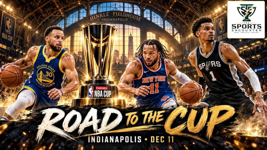 Cinematic illustration of Stephen Curry, Jalen Brunson and Victor Wembanyama surrounding the Emirates NBA Cup trophy, with Hinkle Fieldhouse, Indianapolis, December 11, 2026, and The Sports Encounter logo.