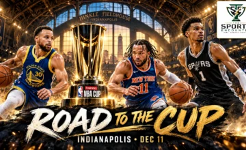 Cinematic illustration of Stephen Curry, Jalen Brunson and Victor Wembanyama surrounding the Emirates NBA Cup trophy, with Hinkle Fieldhouse, Indianapolis, December 11, 2026, and The Sports Encounter logo.