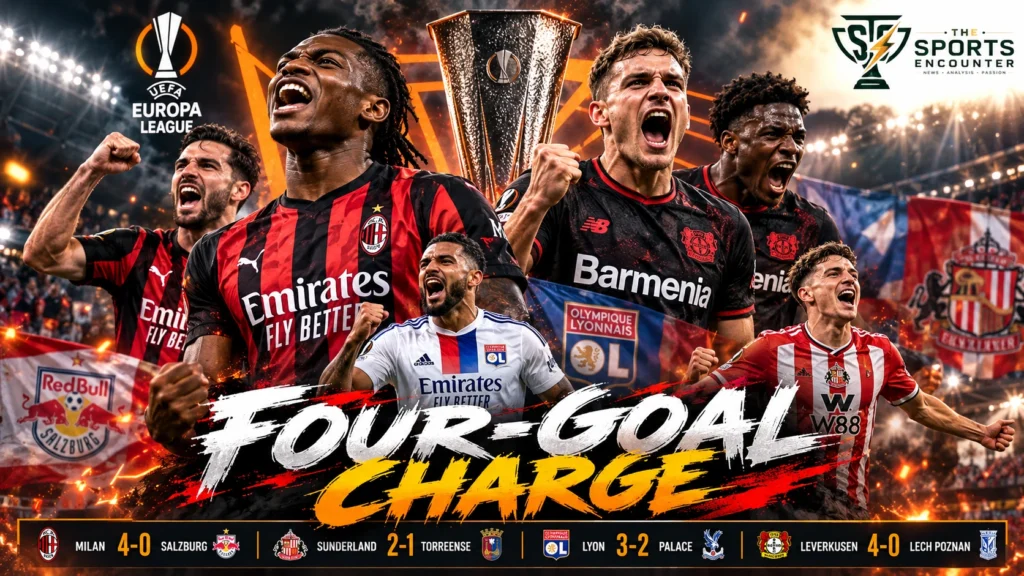 Cinematic UEFA Europa League Matchday 2 graphic showing AC Milan, Bayer Leverkusen, Lyon, and Sunderland players celebrating victories on October 15, 2026, with match scores, the Europa League trophy, and The Sports Encounter logo.