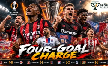 Cinematic UEFA Europa League Matchday 2 graphic showing AC Milan, Bayer Leverkusen, Lyon, and Sunderland players celebrating victories on October 15, 2026, with match scores, the Europa League trophy, and The Sports Encounter logo.