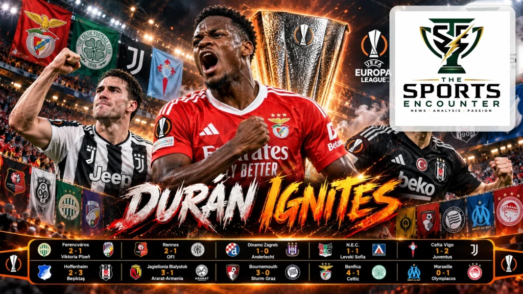 Proposed Europa League Matchday 2 graphic showing Benfica's Jhon Durán celebrating alongside Juventus and Beşiktaş players, with the 4-1 Celtic result, 2-1 Celta comeback, and 3-2 Hoffenheim victory highlighted.