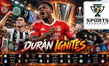 Proposed Europa League Matchday 2 graphic showing Benfica's Jhon Durán celebrating alongside Juventus and Beşiktaş players, with the 4-1 Celtic result, 2-1 Celta comeback, and 3-2 Hoffenheim victory highlighted.