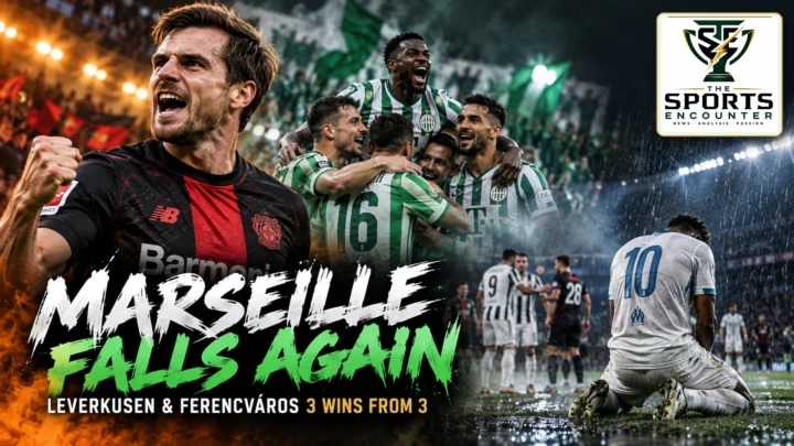 Cinematic Europa League Matchday 3 graphic featuring Bayer Leverkusen's Jonas Hofmann, Juventus and Rennes action, and Marseille's defeat to Sturm Graz on October 22, 2026.