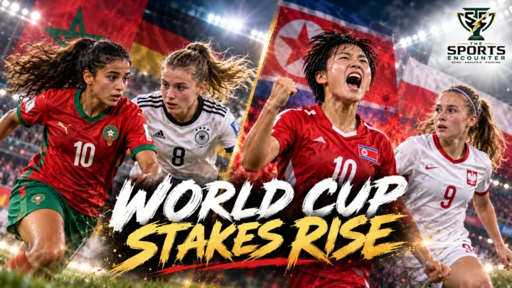 Morocco's Hiba Youssoufi and Germany's Johanna Hebben alongside DPR Korea striker Yu Jong-hyang during the October 2026 FIFA U-17 Women's World Cup group stage.