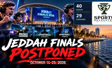 Proposed editorial graphic showing the FIFAe Finals 2026 postponement in Jeddah, with Rocket League, eFootball Console and eFootball Mobile championship imagery and the original October 16–25 tournament dates marked postponed.