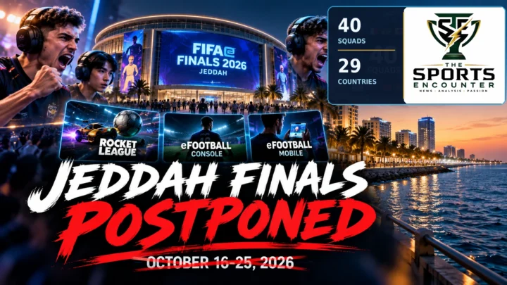 Proposed editorial graphic showing the FIFAe Finals 2026 postponement in Jeddah, with Rocket League, eFootball Console and eFootball Mobile championship imagery and the original October 16–25 tournament dates marked postponed.