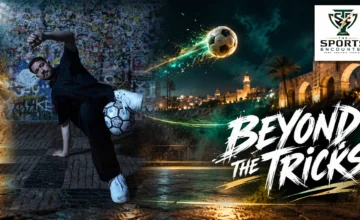 Faraj Rahil, Libya's freestyle football champion, performing a ball-control trick in a cinematic sports illustration featuring The Sports Encounter's official logo.