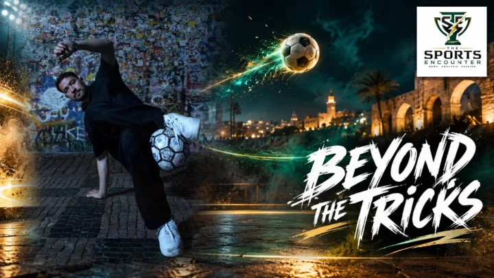 Faraj Rahil, Libya's freestyle football champion, performing a ball-control trick in a cinematic sports illustration featuring The Sports Encounter's official logo.