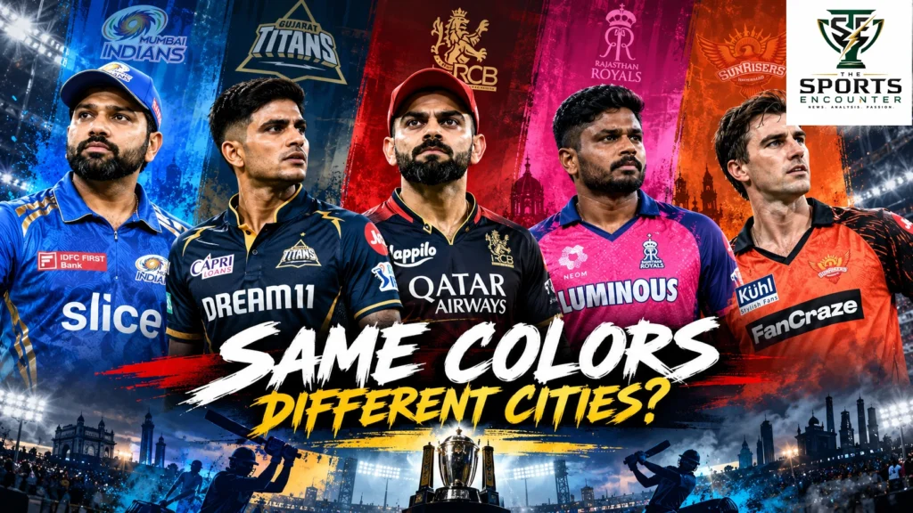 Cinematic comparison of IPL franchise cricket uniforms, featuring blue, gold, red, pink and orange team identities, the punchline “Same Colors, Different Cities?” and The Sports Encounter's official logo.