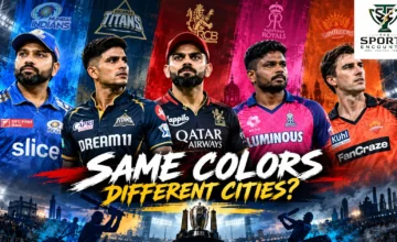 Cinematic comparison of IPL franchise cricket uniforms, featuring blue, gold, red, pink and orange team identities, the punchline “Same Colors, Different Cities?” and The Sports Encounter's official logo.