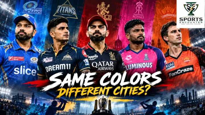 Cinematic comparison of IPL franchise cricket uniforms, featuring blue, gold, red, pink and orange team identities, the punchline “Same Colors, Different Cities?” and The Sports Encounter's official logo.