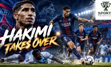 Cinematic illustration of PSG captain Achraf Hakimi celebrating his hat-trick in the 5-1 win over Le Havre at Stade Océane on October 30, 2026, with The Sports Encounter's official logo.