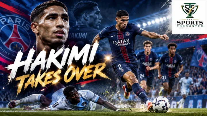 Cinematic illustration of PSG captain Achraf Hakimi celebrating his hat-trick in the 5-1 win over Le Havre at Stade Océane on October 30, 2026, with The Sports Encounter's official logo.