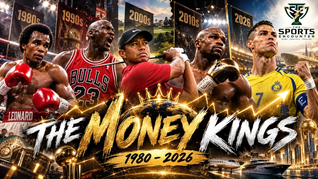 Historical sports earnings graphic featuring Sugar Ray Leonard, Michael Jordan, Tiger Woods, Floyd Mayweather and Cristiano Ronaldo, illustrating the evolution of the world's highest-paid athletes from 1980 to 2026.