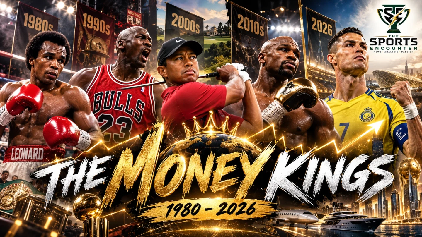 Historical sports earnings graphic featuring Sugar Ray Leonard, Michael Jordan, Tiger Woods, Floyd Mayweather and Cristiano Ronaldo, illustrating the evolution of the world's highest-paid athletes from 1980 to 2026.