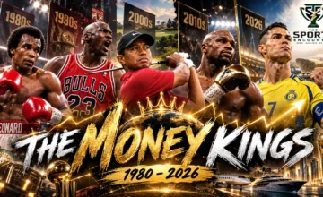 Historical sports earnings graphic featuring Sugar Ray Leonard, Michael Jordan, Tiger Woods, Floyd Mayweather and Cristiano Ronaldo, illustrating the evolution of the world's highest-paid athletes from 1980 to 2026.