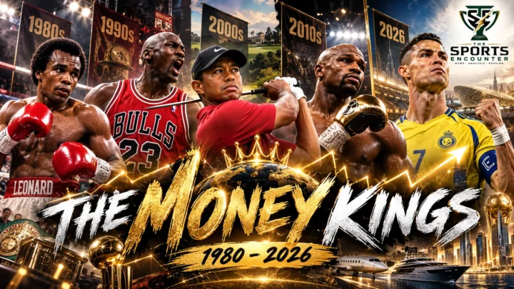 Historical sports earnings graphic featuring Sugar Ray Leonard, Michael Jordan, Tiger Woods, Floyd Mayweather and Cristiano Ronaldo, illustrating the evolution of the world's highest-paid athletes from 1980 to 2026.