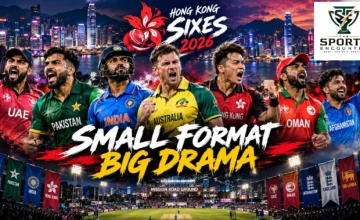 Cinematic illustration of the Hong Kong Sixes 2026 opening day, featuring Pakistan's victory over India, Australia's dominant batting and UAE and Oman upsets, with The Sports Encounter logo.