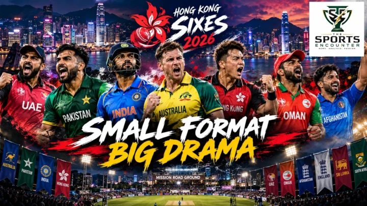 Cinematic illustration of the Hong Kong Sixes 2026 opening day, featuring Pakistan's victory over India, Australia's dominant batting and UAE and Oman upsets, with The Sports Encounter logo.