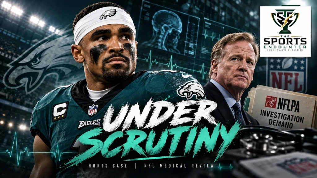 Cinematic editorial illustration of Philadelphia Eagles quarterback Jalen Hurts alongside NFL Commissioner Roger Goodell, representing the controversy over Hurts' blood-clot treatment and the players' union's request for an investigation.
