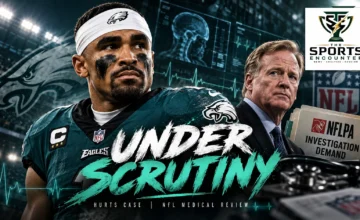 Cinematic editorial illustration of Philadelphia Eagles quarterback Jalen Hurts alongside NFL Commissioner Roger Goodell, representing the controversy over Hurts' blood-clot treatment and the players' union's request for an investigation.