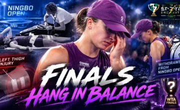Iga Świątek pictured during the 2026 Asian tennis swing, with her left thigh injury and Ningbo Open withdrawal ending her pursuit of direct WTA Finals qualification.