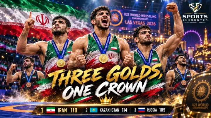 Proposed cinematic sports graphic celebrating Iran's 2026 U23 Greco-Roman world team championship in Las Vegas, featuring gold medalists Erfan Jarkani, Abolfazl Mohmedi and Yasin Yazdi with the Iranian flag and 119-point winning total.