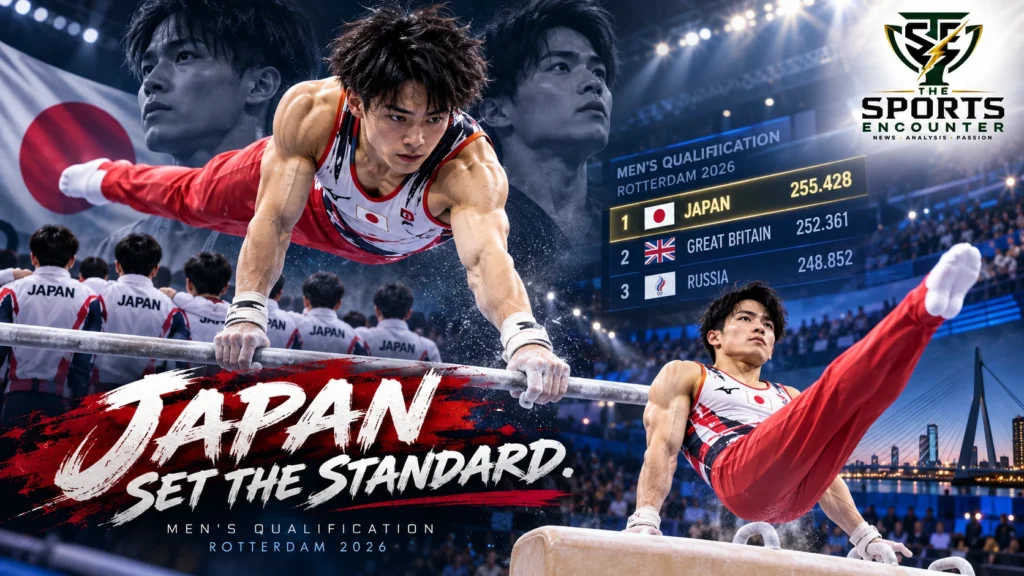Japanese artistic gymnasts Shinnosuke Oka and Daiki Hashimoto competing at the 2026 World Artistic Gymnastics Championships in Rotterdam, where Japan topped men's team qualification.
