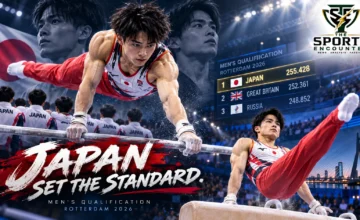 Japanese artistic gymnasts Shinnosuke Oka and Daiki Hashimoto competing at the 2026 World Artistic Gymnastics Championships in Rotterdam, where Japan topped men's team qualification.