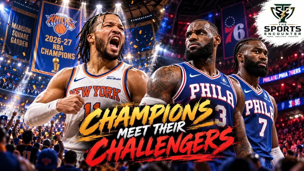 Jalen Brunson of the defending NBA champion New York Knicks alongside Philadelphia 76ers newcomers Jaylen Brown and LeBron James ahead of the October 20, 2026, opening-night game at Madison Square Garden.