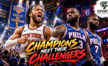 Jalen Brunson of the defending NBA champion New York Knicks alongside Philadelphia 76ers newcomers Jaylen Brown and LeBron James ahead of the October 20, 2026, opening-night game at Madison Square Garden.